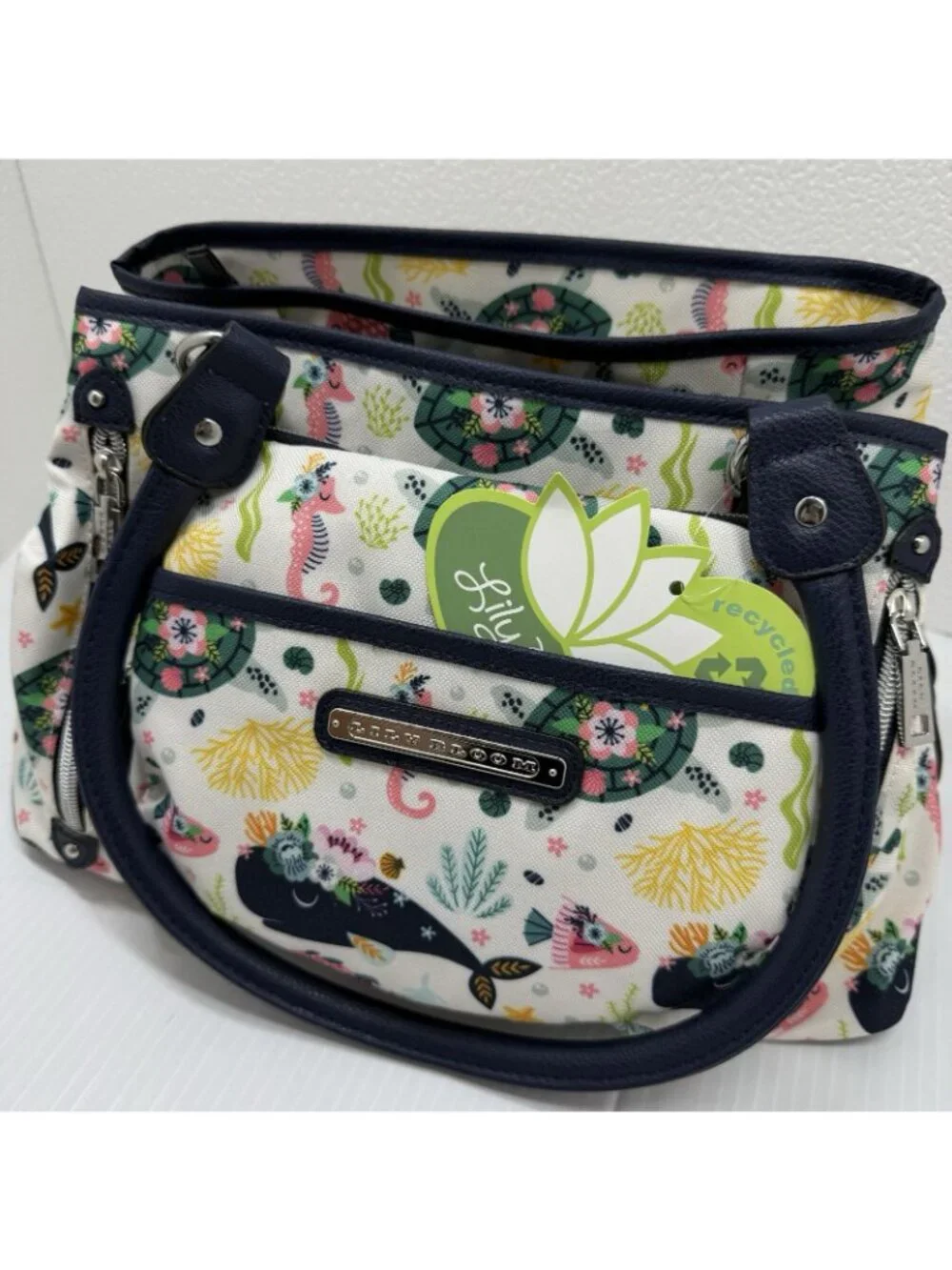 Lily Bloom Maggie Satchel OS Navy Multicolor Ocean Turtles Whales NWT Eco Purse